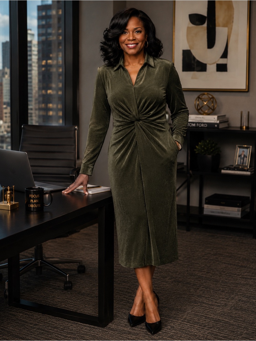 Taylor Olive Twist-Detail Midi Dress
